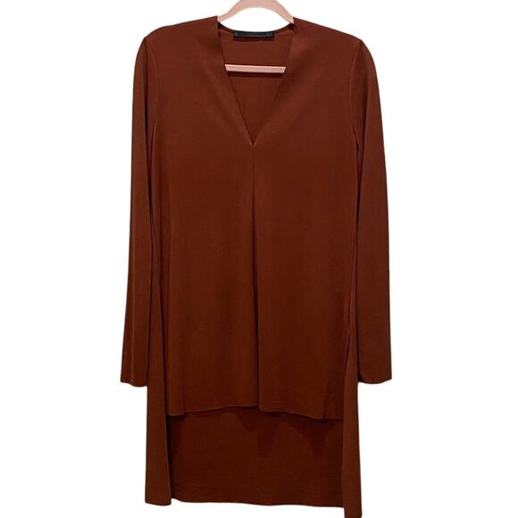 ZARA WOMAN Womens M Rust Raw Edge V-neck Hi Low Minimalist Tunic Top Artsy Soft - Picture 2 of 6